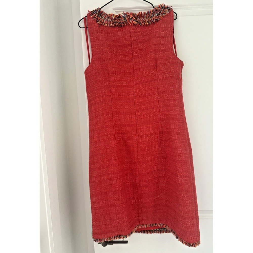 Talbots Tweed Sheath Dress Size 10 Coral Red Fringe Trim Sleeveless Lined Pocket - Picture 3 of 12